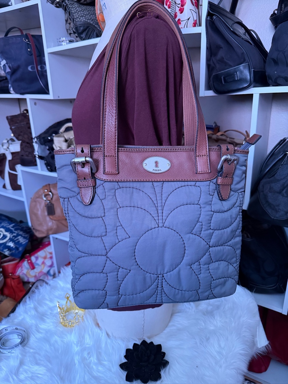 Fossil Gray Quilted Floral Tote with Brown Trim